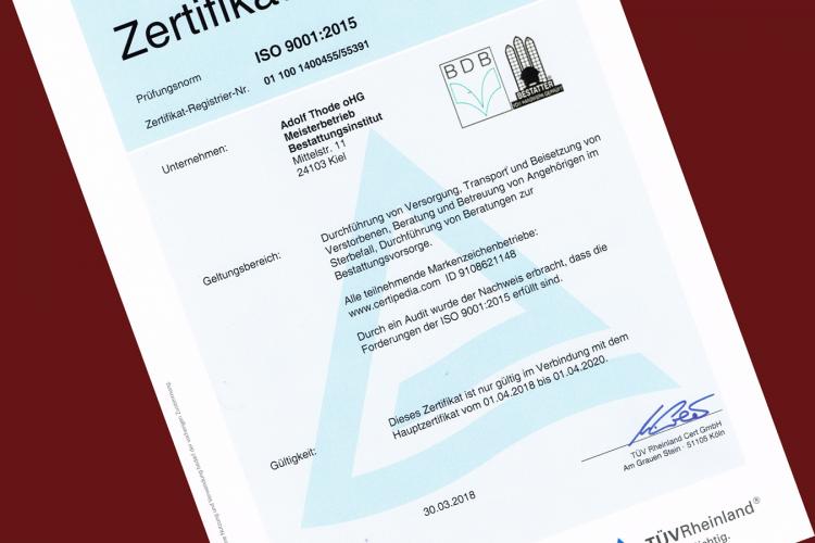 Rezertifizierung Bestattungsinstitut Zertifikat Qualitätssiegel TÜV Rheinland ISO 9001 2015